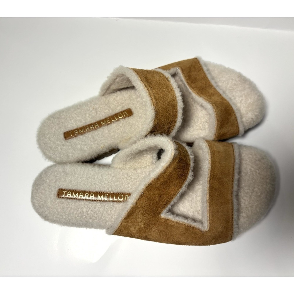 Tamara Mellon Shearling Slide Sandals Brown Suede Italy Lug Sole Women 36.5 - Picture 5 of 10